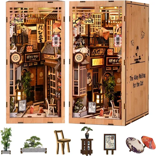 Vista 10 de Kit de rincón de libros para adultos, kit de casa de muñecas Sakura japonesa, kit de casa en miniatura con luz LED, mini kit de construcción