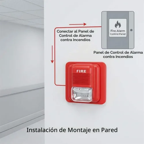Vista 3 de QWORK Alarma de incendios, 12 / 24 V CC con cable de sonido y luz de alarma de incendios de advertencia estroboscópica de sirena, sensor de sistema