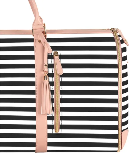 Vista 8 de Bolsa de ropa de equipaje de mano, bolsas grandes de cuero PU para ropa de viaje con bolsa para zapatos, Grande, Bolso B-Rayas Blancas Negras