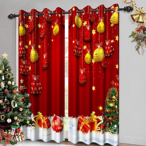 Vista 13 de Cortinas con adornos de Navidad impresos, cortinas para ventana de chimenea, calcetines de Navidad, árboles de Navidad, regalos, paneles opacos