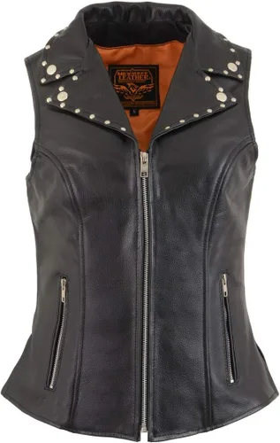 Vista 7 de Milwaukee Leather MLL4503 Chaleco de motociclista clásico de cuero con cuello en V negro para mujer con cuello de solapa remachado - S