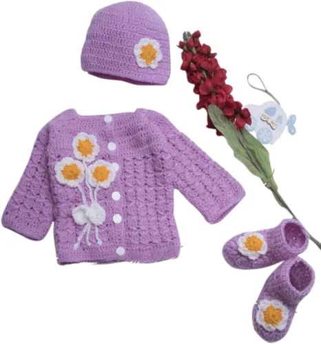 Vista 2 de Hecho a mano recién nacido bebé suave lana Cardigan ganchillo suéter de punto conjunto