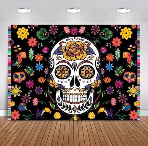 Vista 2 de Telón de fondo de fotografía temática del Día de los Muertos, decoración de fiesta de cumpleaños, fiesta mexicana, día de los muertos, baby shower