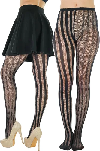 Vista 10 de ToBeInStyle Mallas de rayas opacas transparentes a rayas para mujer Lado de ganchillo - Negro