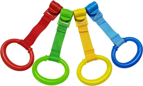 Vista 7 de 4 anillos de plástico para cuna de bebé, soporte auxiliar de ejercicios para caminar para niños Anillos colgantes de cuna de 4 colores para bebé
