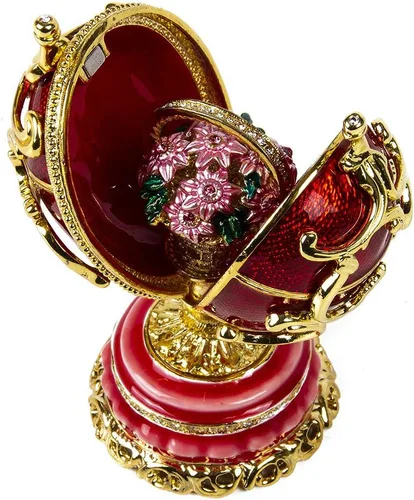 Vista 5 de Caja de regalo de joyería para collar, huevo de Faberge, adorno doble, caja de joyería de huevo imperial rojo (mediana), 3.35 x 2.2 pulgadas