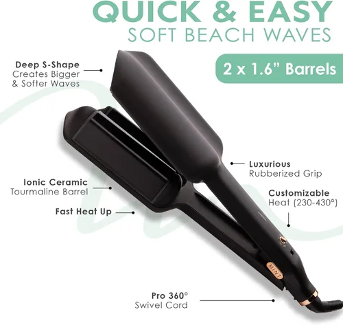 Vista 4 de MINT Ondulador de pelo de sirena de doble barril para cabello largo Herramienta iónica de ondulación profunda que crea volumen y ondas de playa