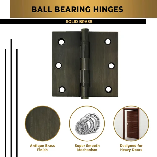 Vista 3 de Solid Brass Door Hinge Heavy Duty Ball Bearing 3.5 x 3.5 Inch - Set of 2 Hinges (Antique Brass)