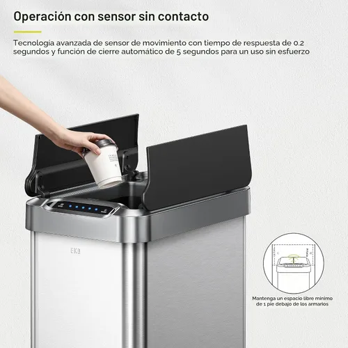 Vista 3 de EKO Phantom-T - Bote de basura vertical con sensor de movimiento de 50 litros/13.2 galones, acabado de acero inoxidable cepillado