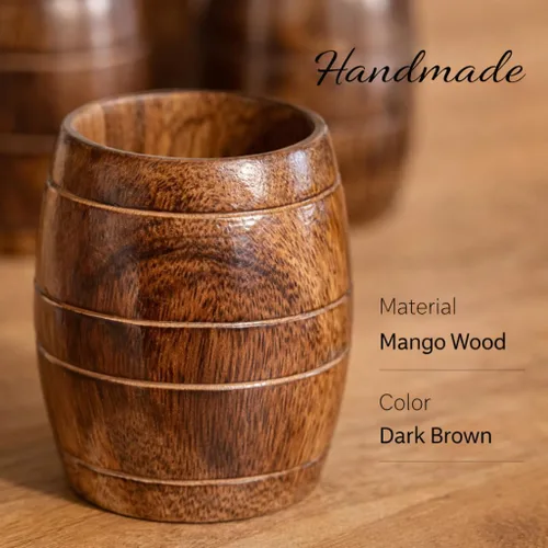 Vista 6 de collectiblesBuy Juego de 6 tazas de madera de mango hechas a mano, con forma de barril rústico, ecológicas, para té, café, cerveza, vino