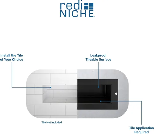 Vista 4 de Tile Redi USA Niche - Estante de ducha empotrable individual, negro, un estante interior, 16 pulgadas de ancho x 6 pulgadas de alto x 4 pulgadas