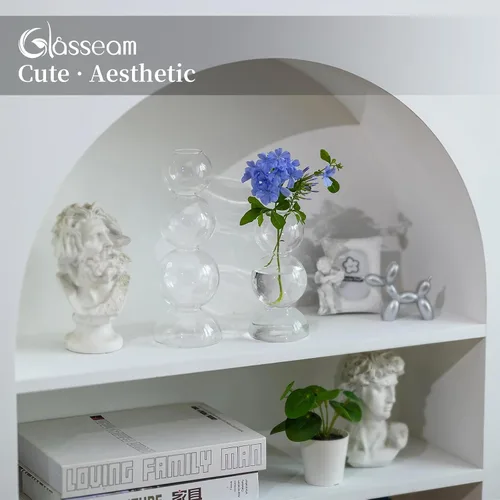 Vista 2 de Glasseam Juego de 2 jarrones de flores únicos, bonitos jarrones pequeños de vidrio para flores, jarrones transparentes modernos para decoración