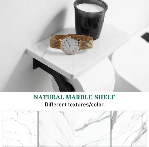 Vista 7 de Soporte de papel higiénico de aluminio negro mate Hoimpro con estante de mármol natural blanco, soporte de almacenamiento de rollo de papel de mano