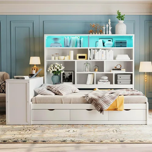 Vista 2 de KLMM Sofá cama de madera de tamaño completo con escritorio, estantes y Blanco/L