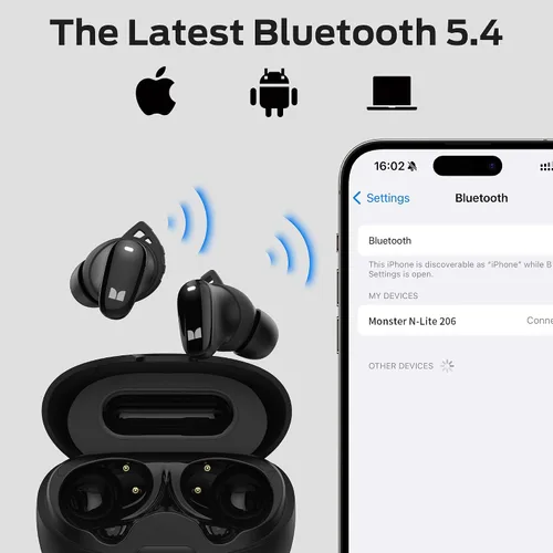 Vista 6 de Monster N-Lite 206 - Auriculares inalámbricos Bluetooth de 5.4 pulgadas, auriculares Bluetooth con micrófono integrado, control táctil, ajuste