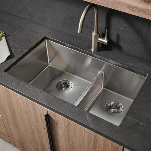 Vista 2 de Ruvati RVH7255 fregadero de cocina bajo cubierta de bajo perfil, bajo montaje, radio estrecho, doble cuenca 60/40, 28 pulgadas, calibre 16, acero