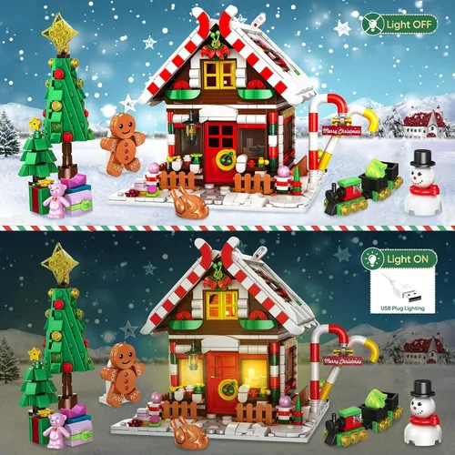 Vista 2 de Edificio de casa de pan de jengibre de Navidad, juego de construcción de casa de pueblo navideño, contiene árbol de Navidad y tren, juguete