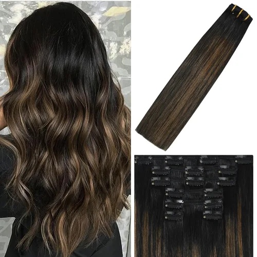 Vista 54 de WindTouch - Extensiones de cabello humano liso con pinzas, color negro azabache, 2.47 onzas, N.° 1, 12 pulgadas, 7