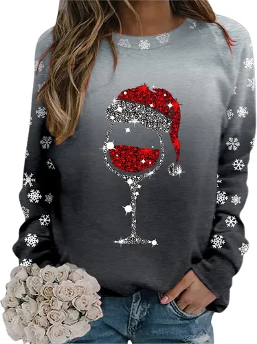 Vista 4 de Rvidbe Suéter feo de Navidad para mujer, estampado de copa de vino tinto, casual, cuello redondo, manga larga, sudaderas