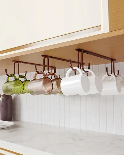 Vista 9 de Luckinow Ganchos para tazas debajo del gabinete, paquete de 3 ganchos de metal para colgar debajo del estante, organizador de tazas con 12 ganchos