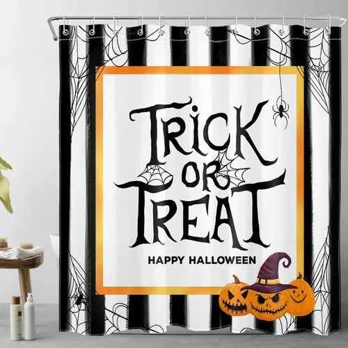 Vista 19 de LB Cortina de ducha de Halloween, cementerio de terror, fantasma, gatos negros en árbol, calabaza, cortinas de ducha para baño con ganchos, 60 x 72