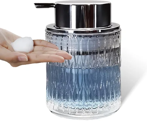 Vista 9 de Dispensadores de jabón espumoso de mano de vidrio con bomba plateada, dispensador de jabón de manos recargable para baño y cocina (1 paquete-D881)