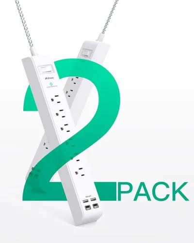 Vista 7 de Paquete de 2 regletas protectoras contra sobretensiones, 6 tomas, 4 puertos USB (2 USB C) cables de extensión de 5 pies de largo, tira de salida