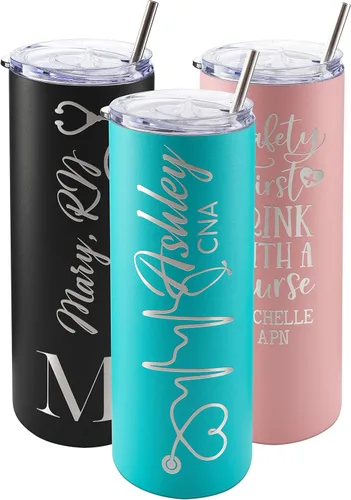 Vista 10 de Regalos de enfermera para mujeres, vaso personalizado para enfermera con nombre y especialidad, 20 onzas flacas, blanco, 8 diseños, con cepillo