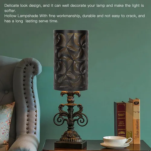 Vista 9 de Pantalla de lámpara de tambor grande de metal de corte negro, pantalla de metal de barril, cubierta de sombra de luz decorativa para mesita