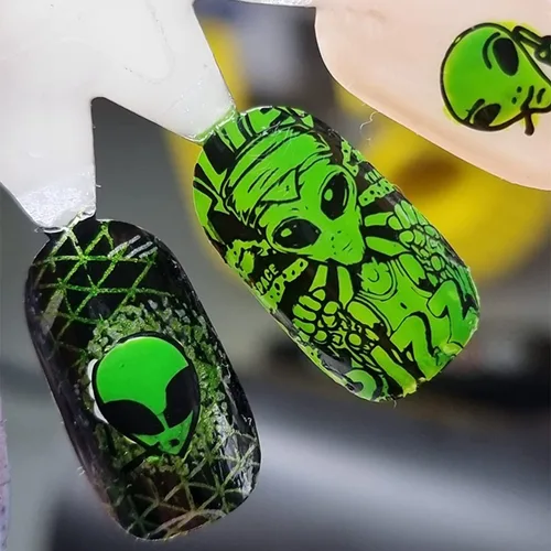 Vista 6 de Placas de sello de uñas de dinosaurios alienígenas, placa de estampación de uñas de estrella, luna, unicornio, gato, caballo, animales de dibujos