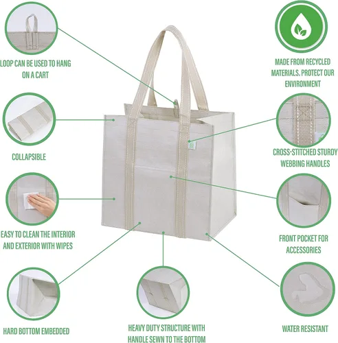 Vista 7 de VENO Paquete de 6 bolsas de compras reutilizables resistentes (paquete de 2 aislantes + 4 unidades con parte inferior dura)