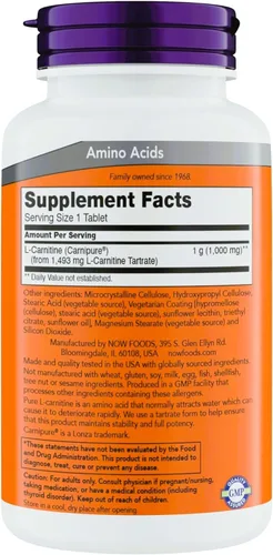 Vista 2 de NOW Foods Suplementos, L-carnitina 1,000 mg, forma más pura, carnípuro, aminoácido, soporte de fitness, tabletas, 150