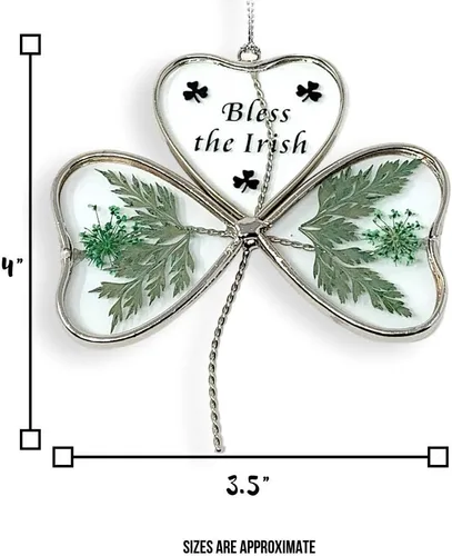 Vista 3 de Atrapasoles de trébol irlandés – Atrapasoles de trébol floral verde prensado con «Bless the Irish» – Decoración de ventana del día de San Patricio
