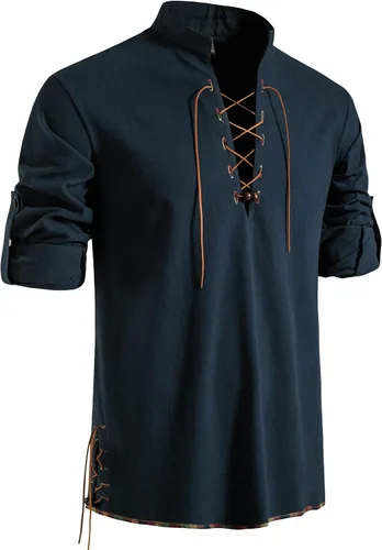 Vista 13 de LucMatton Camisa de manga larga para hombre, estilo retro, con cordones, medieval, renacentista, pirata, vikingo, steampunk, gótico, victoriano