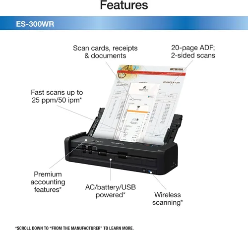 Vista 2 de Epson ES-300WR Inalámbrico Color Portátil Duplex Documento Escáner Contabilidad Edición para PC y Mac Auto Doc Feeder (ADF)