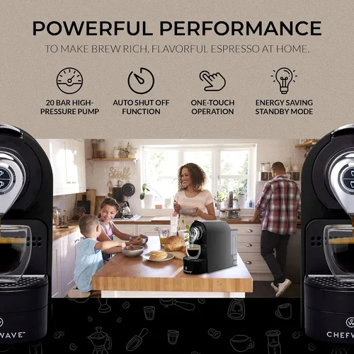 Vista 12 de ChefWave Máquina de café expreso y cafetera (negro) – Compatible con cápsulas Nespresso, programable, de un solo toque, bomba italiana de alta