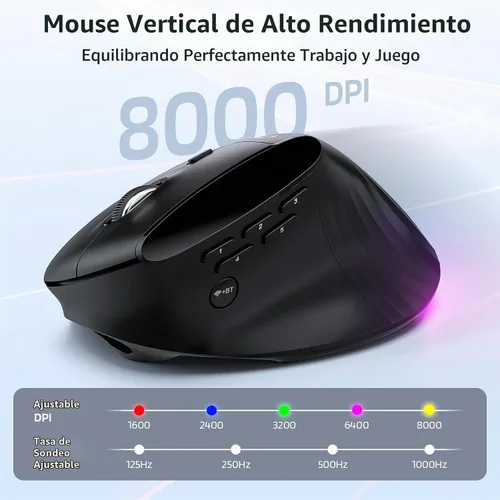 Vista 6 de LTC GM051 Ratón ergonómico vertical inalámbrico – 8K DPI óptico, 9 botones programables (5 lados), recargable 850mAh, Bluetooth