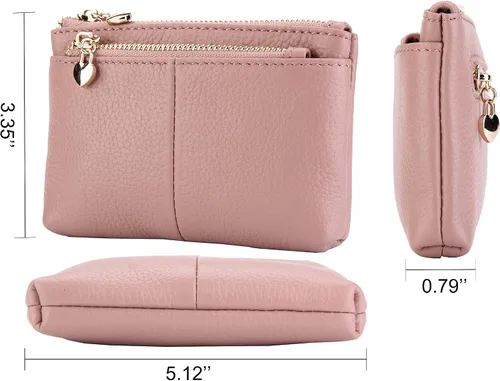 Vista 4 de Mini monedero con cremallera de cuero genuino para mujer, con llavero con triple cremallera, tarjetero Negro
