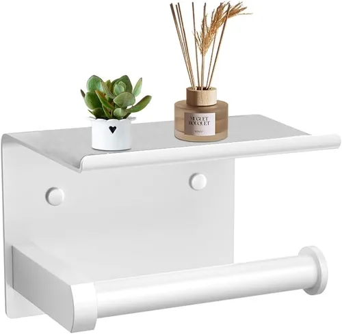 Vista 11 de Soporte de papel higiénico de pared con estante para teléfono, soporte de papel de almacenamiento, dispensador de papel adhesivo negro con estante