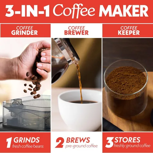 Vista 6 de Gourmia Cafetera de 10 tazas para moler y preparar - Molinillo de rebabas integrado, 3 fuerzas de preparación, pantalla digital programable, pausa