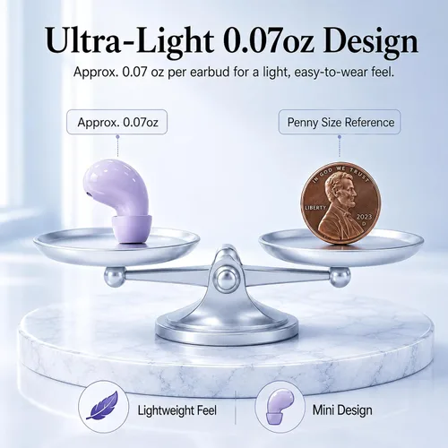 Vista 2 de Auriculares Bluetooth invisibles para orejas pequeñas, auriculares inalámbricos discretos, morado, funda de carga con pantalla LED inteligente