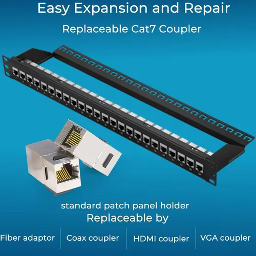 Vista 5 de Rapink Panel de conexiones de 24 puertos Cat7 con soporte Keystone 10G en línea, panel de conexión acoplador blindado STP de 19 pulgadas con barra