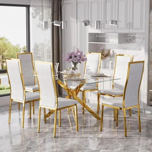 Vista 54 de Juego de mesa de comedor de cristal dorado moderno de 63 pulgadas para 6, juego de mesa de cocina rectangular de 7 piezas con patas de acero Negro