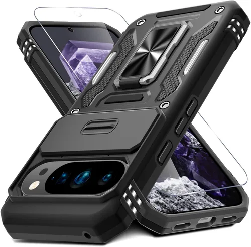 Vista 9 de DEERLAMN Funda para Google Pixel 8 con cubierta deslizante para cámara + protector de pantalla (1 paquete), soporte de anillo giratorio grado