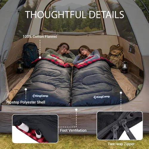 Vista 5 de KingCamp Sleeping Bag for Adults, Cold Weather & Warm XL Big and Tall Flannel Sleeping Bags with Compression Sack Portable Waterproof Essentials