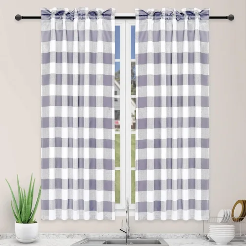 Vista 12 de Simple Deluxe 2 cortinas de cocina a cuadros de búfalo, cortinas cortas a cuadros para ventanas de media cafetería, 26 pulgadas de ancho x 36 Negro