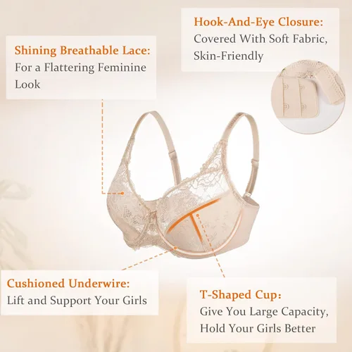 Vista 2 de HACI Sostén sexy de encaje floral para mujer, cobertura completa, sin forro, brasier de talla grande