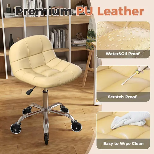 Vista 11 de Taburete enrollable con ruedas, taburete ajustable en altura con soporte para la espalda, silla de dibujo de oficina con cojín de piel sintética