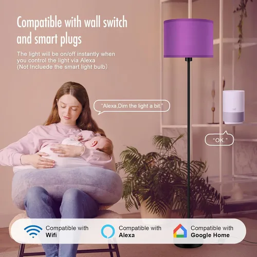 Vista 7 de AUQUEE Floor Lamp, Standing Lamp, Modern Stand Up Lamps with Purple Lampshade, 59" Tall, Foot Switch, Simple Living Room Decor for Kids Room, Girls