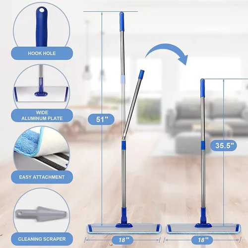 Vista 2 de Trapeador profesional de madera dura, trapeador plano de microfibra de 18 pulgadas con almohadilla lavable, mango de acero inoxidable ajustable